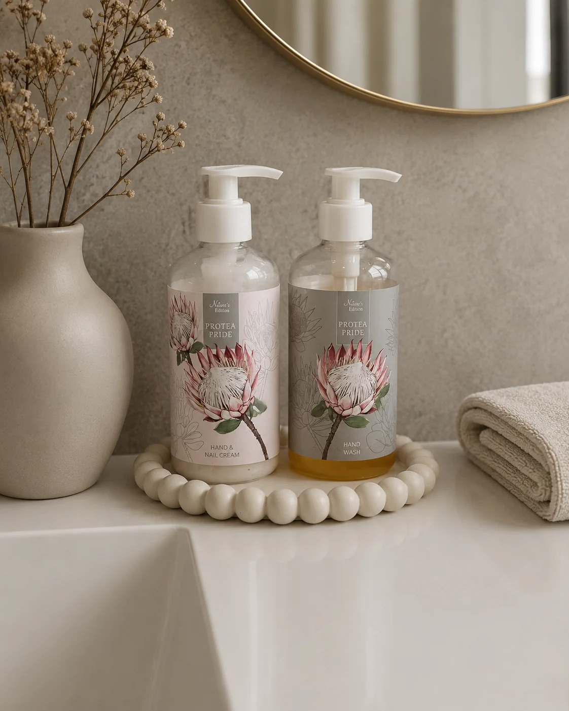 Oval Bubble tray styled with bathroom products