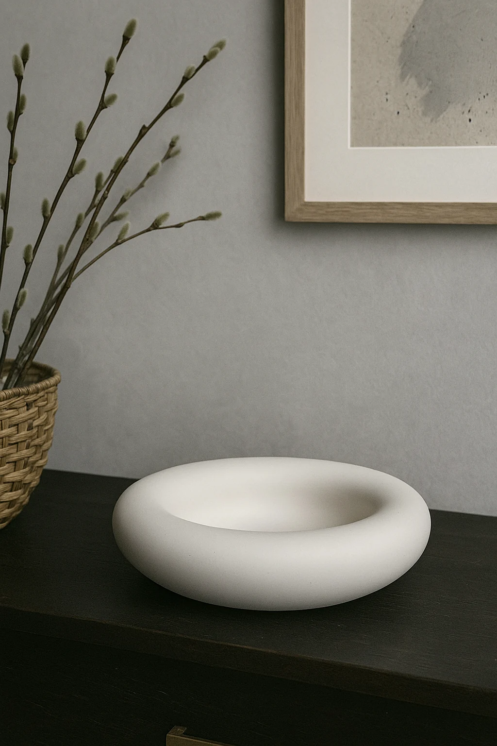 Echo premium round sculptural tray on a dark console