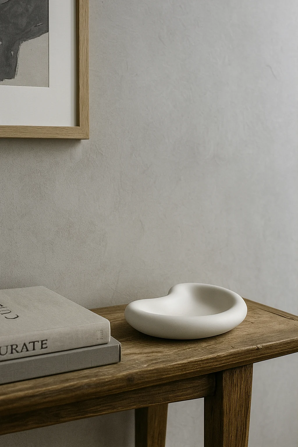Bean shaped white sculptural tray on a wooden shelf