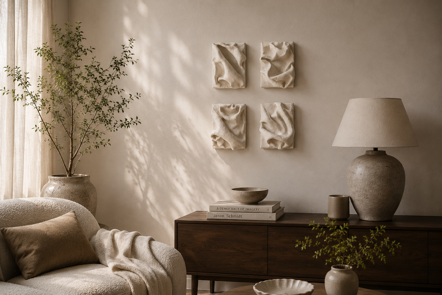 Large GraceLondon sculptural wall artwork in warm dining room