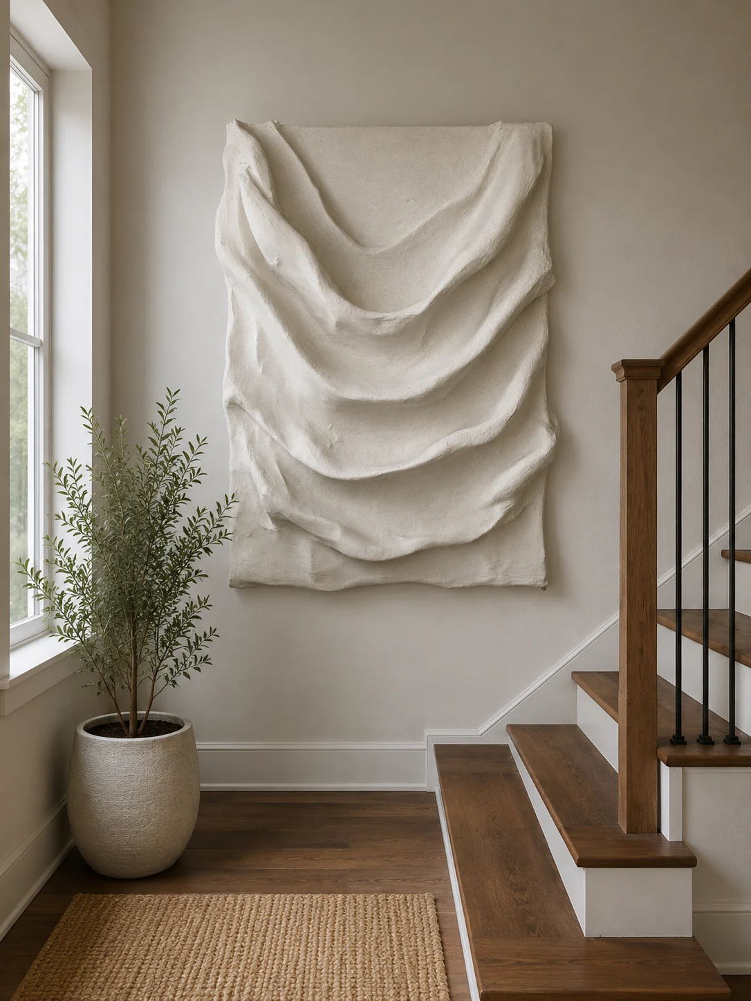 Large fabric inspired sculptural wall art on a staircase landing